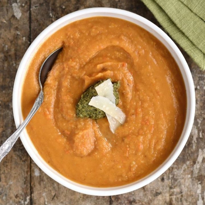 Simple red lentil and roasted vegetable soup.