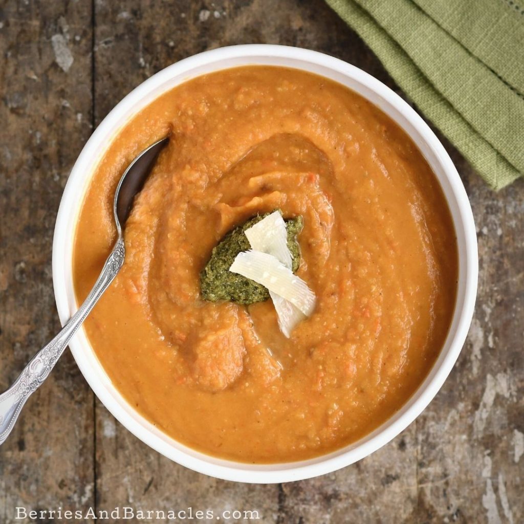 Roasted vegetable soup with sweet potato, red pepper and pesto