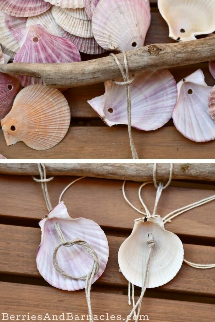 Tying the shells onto the wind chime